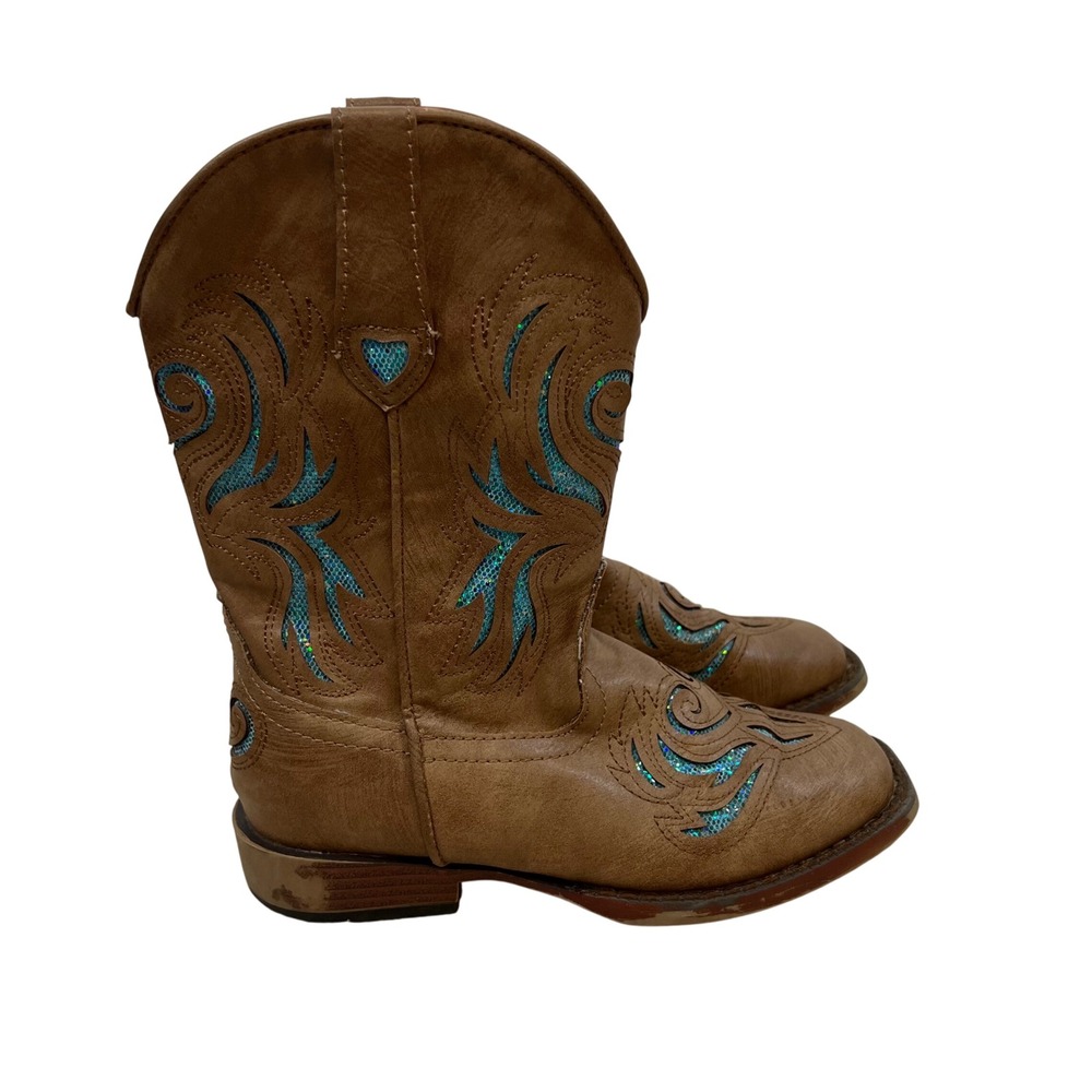 Roper Kids Tan Faux Leather Turquoise Glitter Inlay Western Cowboy Boots Size 2